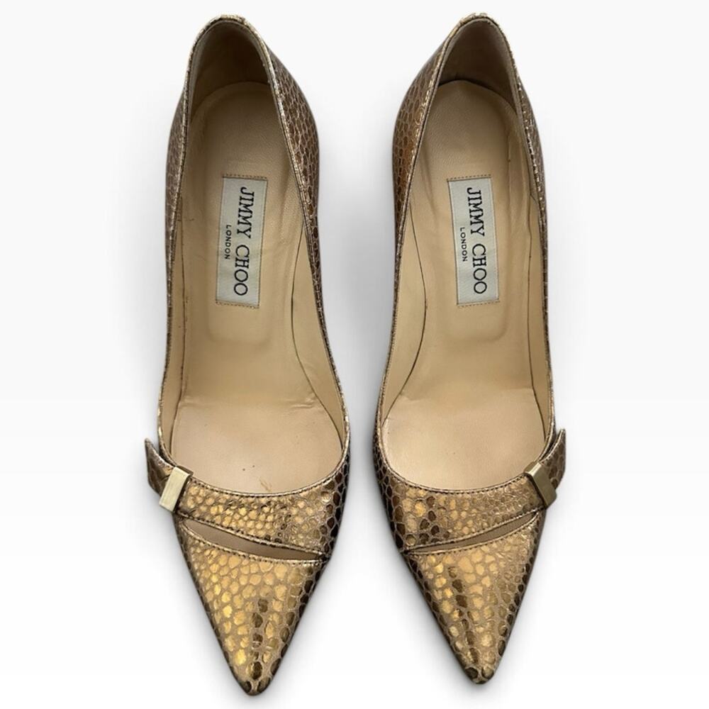 Jimmy Choo gold textured metallic snake-embossed leather pumps size 35